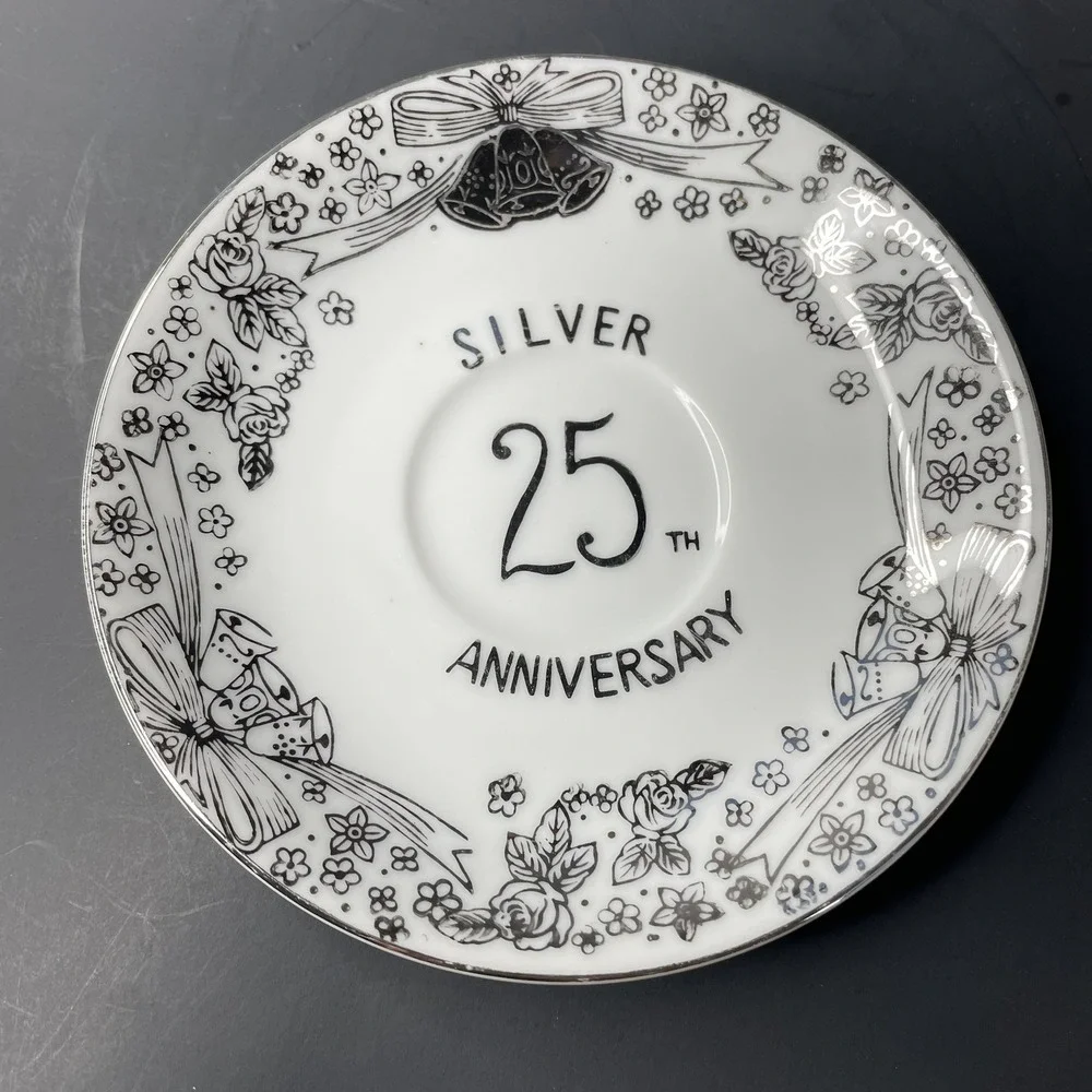 Vtg Arnart Creation Tea Cup & Saucer Japan‎ 25th Silver Anniversary White Bells